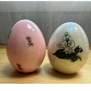 Set of 2 Vintage Ceramic Egg Bud Vases | Floral Crackle Glaze Mini Vases